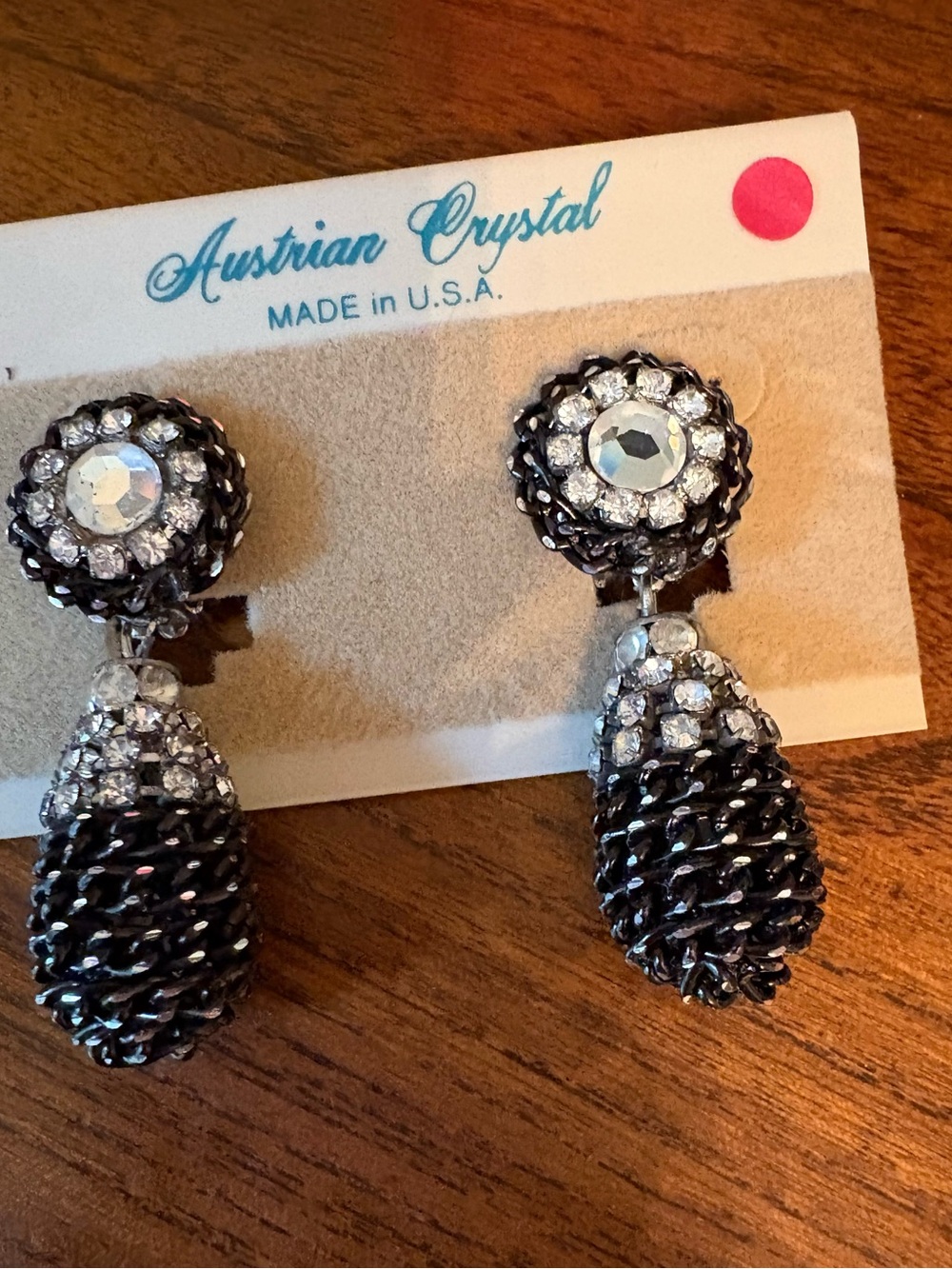 Vintage Rhinestone -Tone Drop Clip Earrings with Black Braided Detail